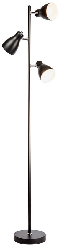 Zwarte staande lamp met drie spots met E27 fittingen en een ronde voet.