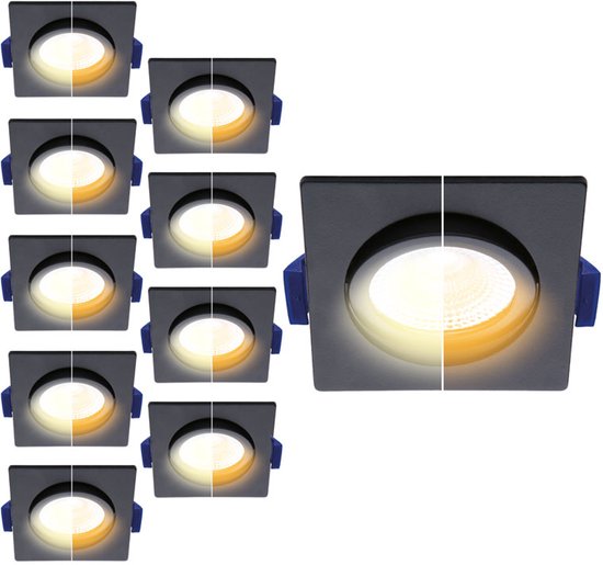 Voordeelpak 10x Led inbouwspot badkamer zwart, vierkant, dim to warm (3000K-2000K), kantelbaar, 5W vervangt 50W, zaagmaat Ø75mm, buitenmaat Ø85mm, 23mm diep