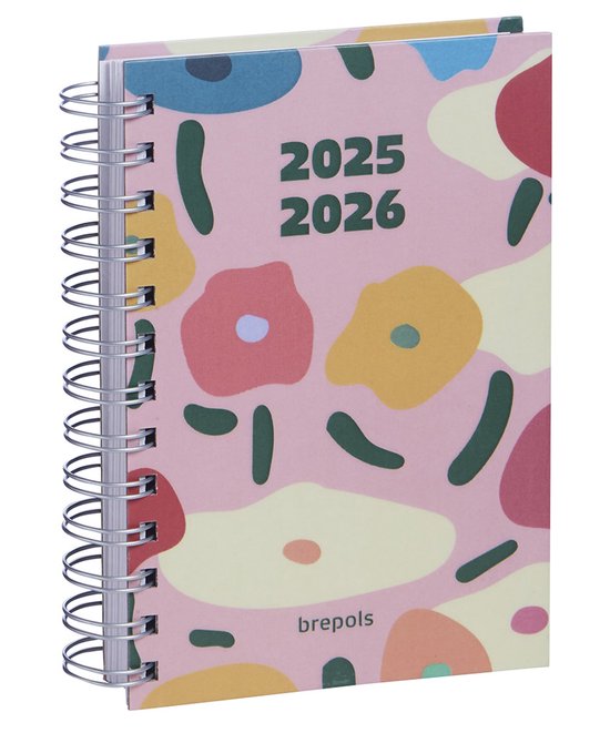 Brepols agenda 2025-2026 - HAPPY - Schoolagenda - 1 dag per pagina - Wire-O - Dagoverzicht - Roze - 11.5 x 16.9 cm