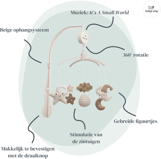 Beige muziek-mobiel met gebreide sterren, maan, wolk en informatie.