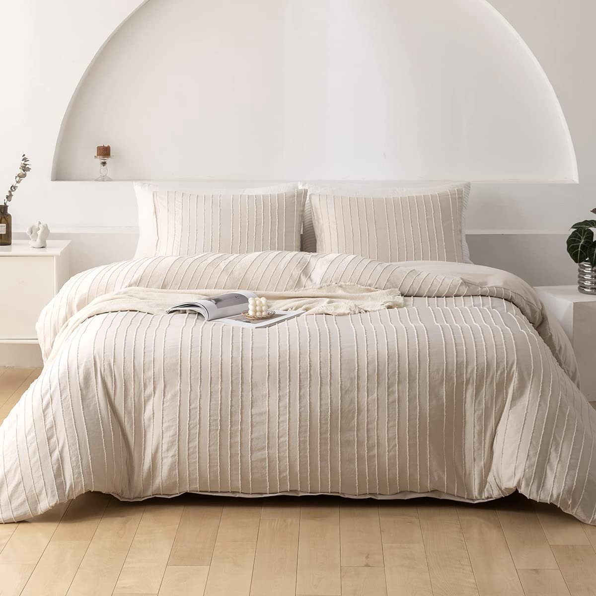 Unyqoos ® Elegant Bohemian Beige Dekbedovertrekset met Getufte Strepen en Omkeerbare Stijl