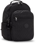 Zwarte Kipling rugzak met patroon, ritssluiting en Kipling aapje.