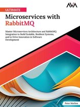 Boekomslag: Ultimate Microservices with RabbitMQ, met oranje en blauwe abstracte vormen.