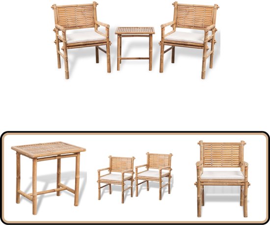 vidaXL - 3-delige - Bistroset - met - kussens - bamboe