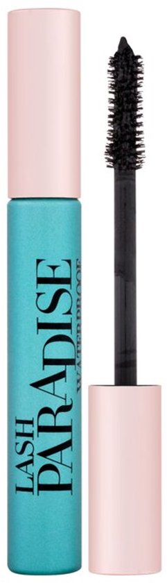 Turquoise mascara koker met lichtroze dop en borsteltje. "Lash Paradise Waterproof" staat erop.