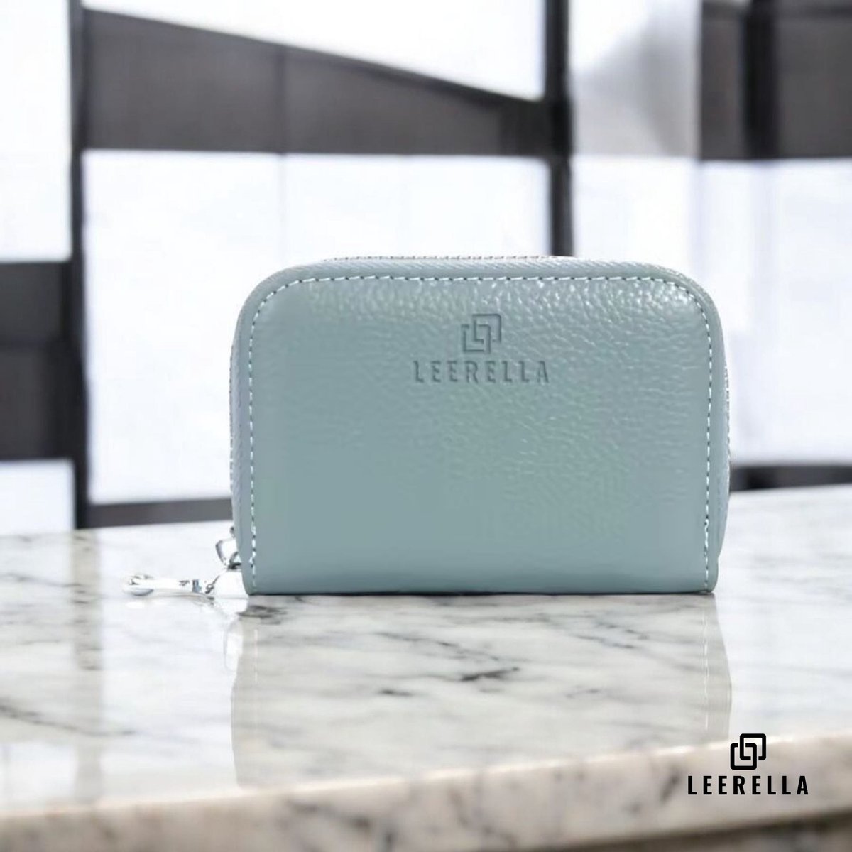 Leerella Stijlvolle Unisex Ijsblauw Creditcardhouder met Rits – Echt Leer, RFID-Bescherming, 12 Kaartsleuven, Met Biljetvak – Luxe en Compacte Pasjeshouder voor Mannen & Vrouwen