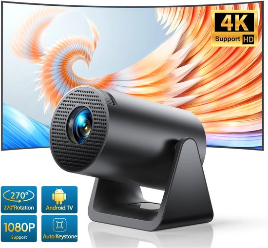 Mini Beamer - Projector - Digitale Projector - Draagbaar - Wi-Fi 6 en Bluetooth 5.2 - Android 11 Systeem - Ingebouwde Luidspreker - Compatibel met HDMI - Voeding - USB- EU Stekker Type - 300 ANSI - 29W - Zwart