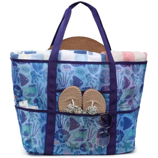 Ultiluxe® Grote strandtas zee dieren - Blauw/groen - 46 x 40 x 23 cm - Schoudertas voor volwassenen - Waterdicht - Dames handtas - Bestand tegen zand - Binnen vakken, buitenvak, grote capaciteit - Zwemtas, shopper, familie badtas