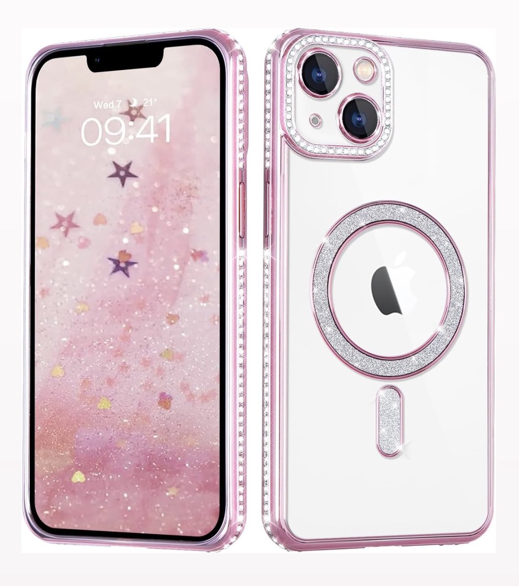 Roze MagSafe Hoesje met Diamantjes en Glitter geschikt voor iPhone 15 Plus - Glitter Fashion Hoesje voor iPhone 15 Plus - geschikt voor iPhone 15 Plus Hoesje Roze met Diamanten steentjes - Extra Verhoogde Camera Randjes - Glamour Hoesje