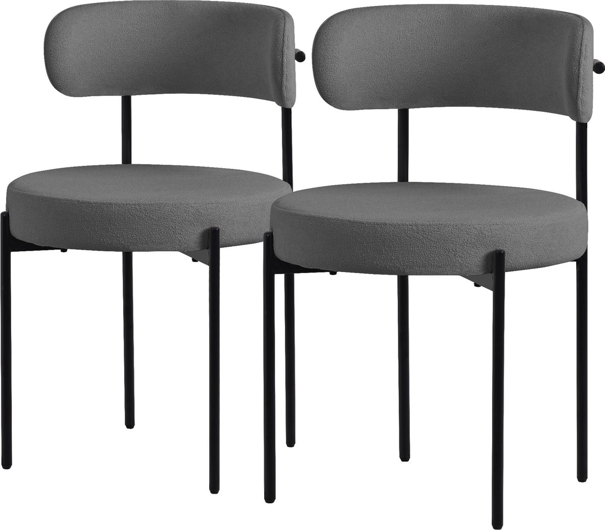 ml-design eetkamerstoelen set van 2, keukenstoel in teddy stof grijs, woonkamerstoel met rugleuning, gestoffeerde stoelen met zwarte metalen poten, ergonomische loungestoelen, stoelen voor eetkamer
