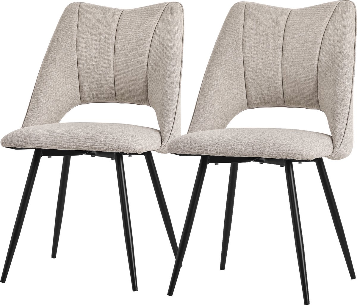 ml-design eetkamerstoelen set van 2 beige, polyester zitting met zwarte metalen poten, keukenstoelen met rugleuning, woonkamerstoelen, stoelen voor eetkamer keuken kantoor, gestoffeerde armstoelen