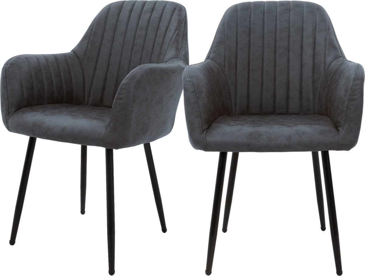 ml-design set van 2 eetstoelen met rugsteun en armsteunen antraciet keukenzitjes met PU-leren bekleding beklede stoelen met metalen onderstel ergonomische zitmeubels voor eettafel en woonkamer