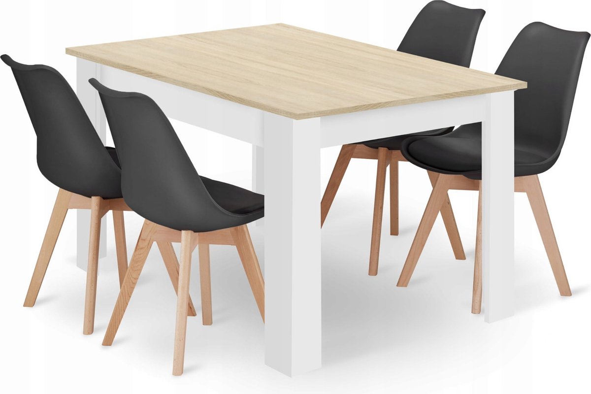 Eettafelset NP 120x80 Eiken Sonoma Kleur met Witte Poten + 4 Stoelen MARK Zwart met Beukenhouten Poten, Modern Design, Geschikt voor Keuken, Eetkamer en Woonkamer