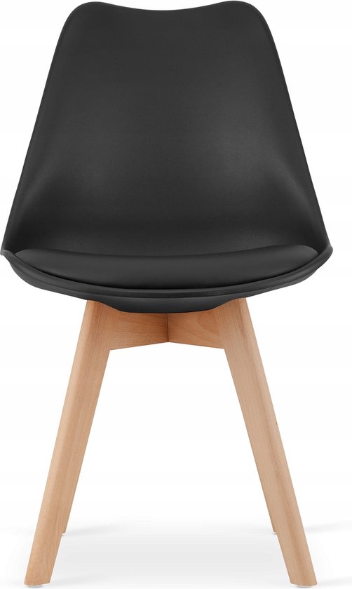 Zwarte stoel met houten poten, op de voorkant staand.