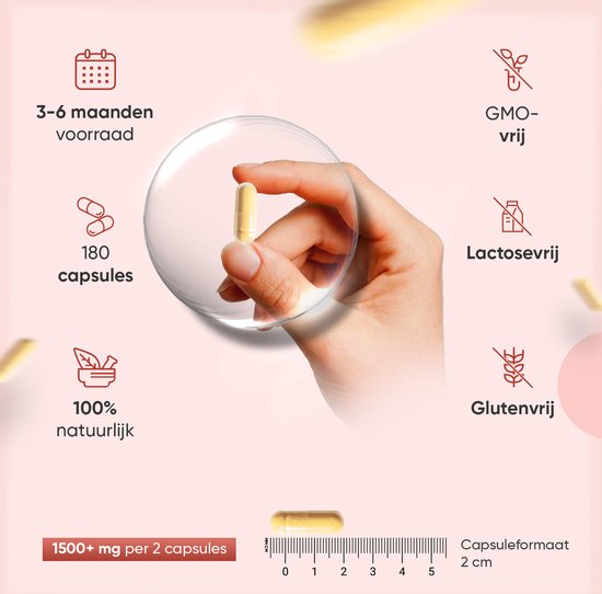 Hand houdt capsule met bruine pillen. Informatie over 3-6 maanden voorraad, 180 capsules, 100% natuurlijk, GMO-vrij, lactosevrij, glutenvrij.