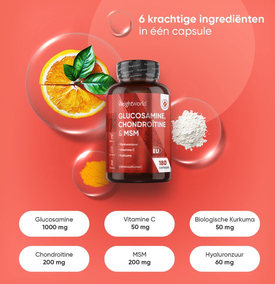 Fles bruine pillen met opschrift 'Glucosamine, Chondroïtine & MSM'. Omringd door een schijf sinaasappel, kurkumapoeder en een hoopje wit poeder.