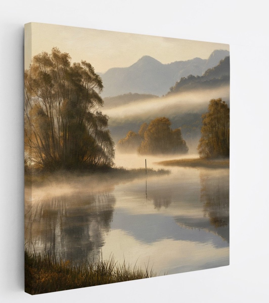 Saammp Canvas Schilderij -Mistig Landschap - Bergen - Natuur - 100x100 - Foto op canvas - Wanddecoratie - Muurdecoratie Woonkamer - Slaapkamer decoratie - Canvas Print Multicolor