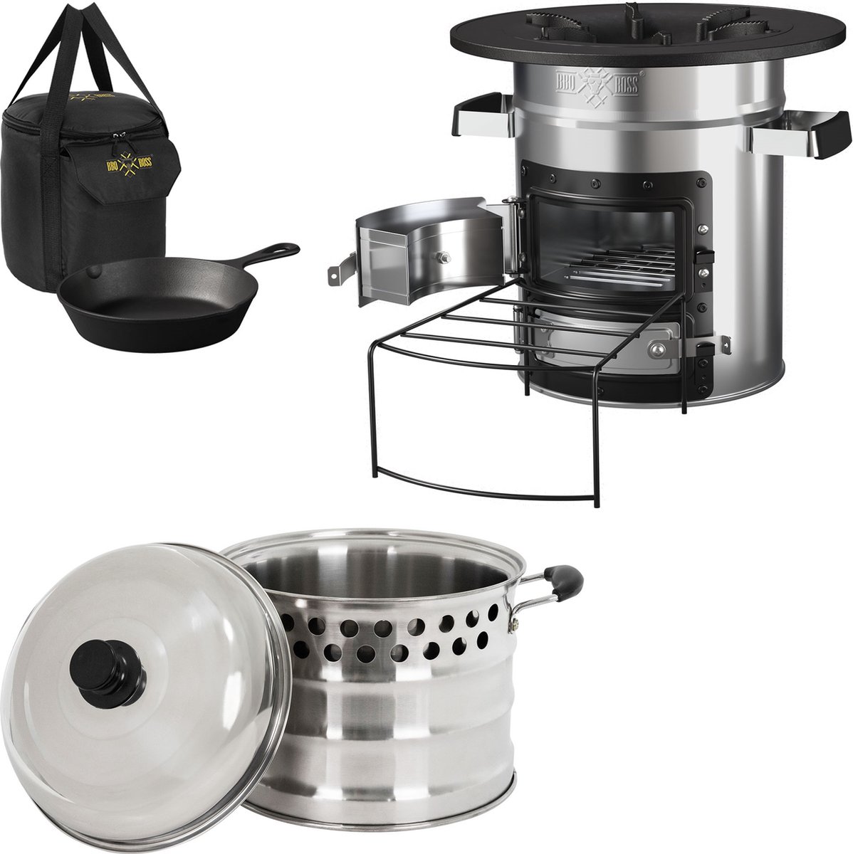 Raketoven met grillpan zilver gemaakt van roestvrij staal incl. draagtas BBQ#BOSS