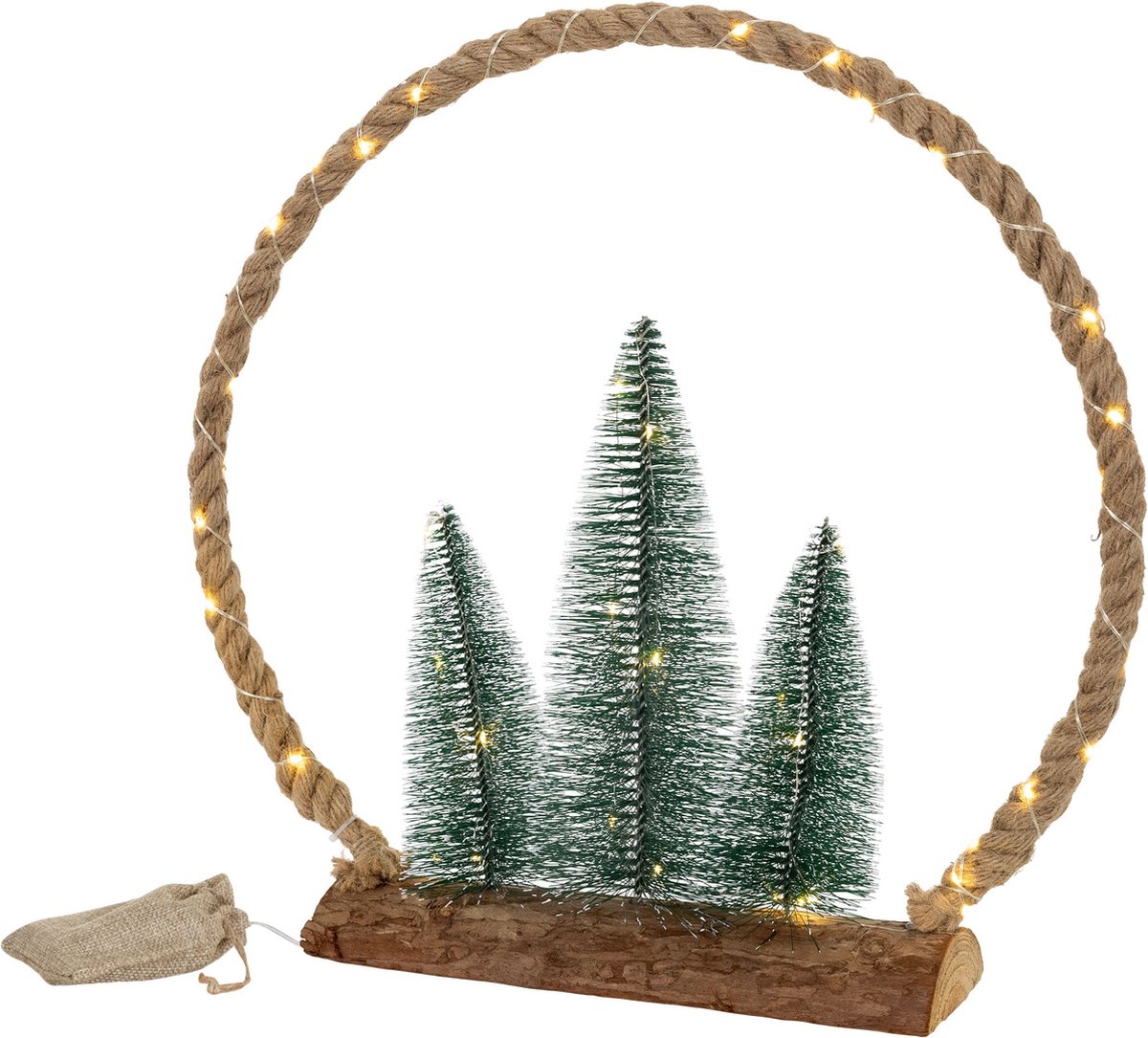 LED jute cirkel 45x45x9,5 cm gemaakt van touw met 45 warm witte LED's 3 stevige jute zakken Batterijen Timer