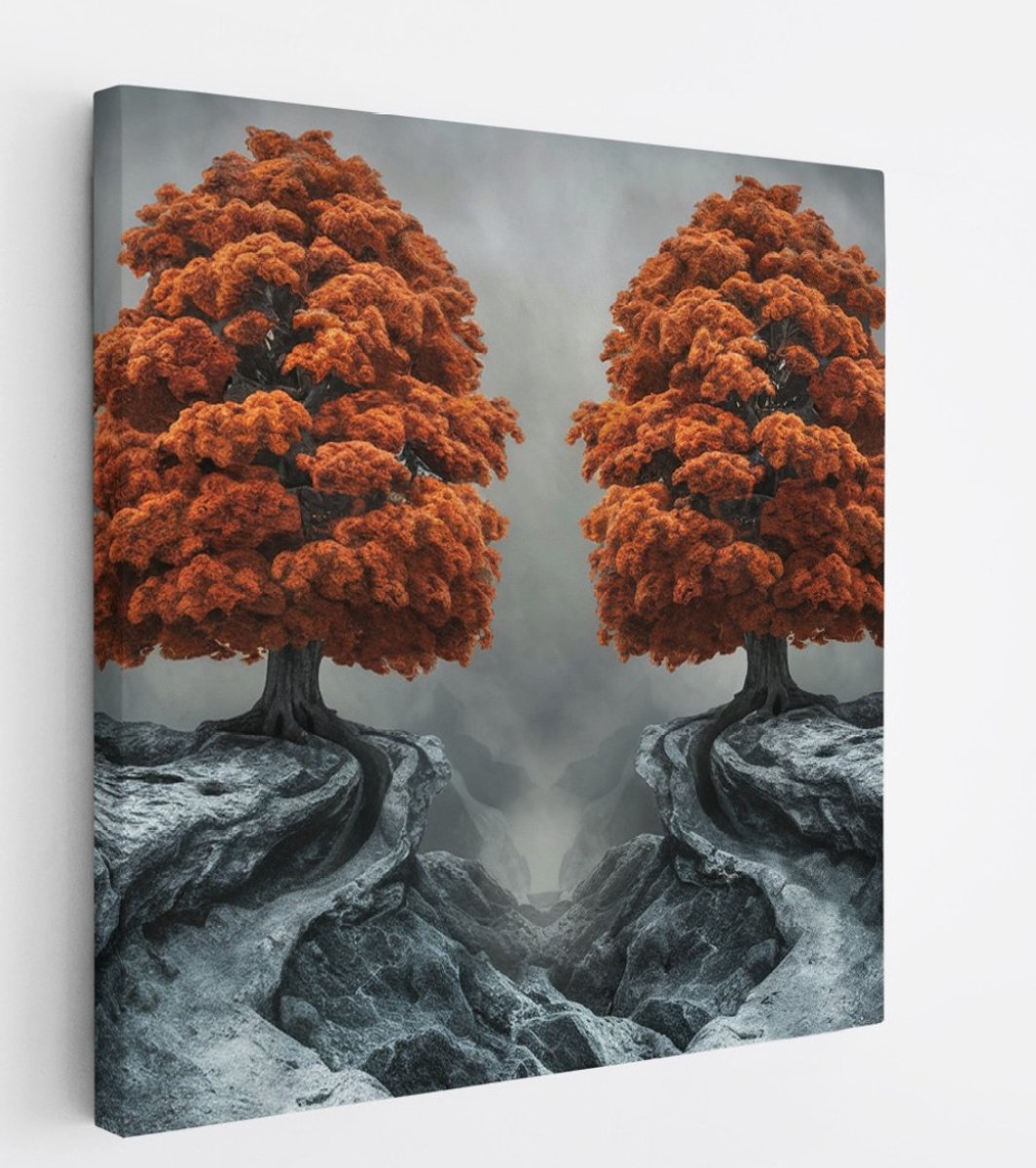 Saammp Canvas Schilderij - 2 Oranje Bomen - Bloemen - Landschap - Natuur - 40x40 - Foto op canvas - Wanddecoratie - Muurdecoratie Woonkamer - Slaapkamer decoratie - Canvas Print Multicolor