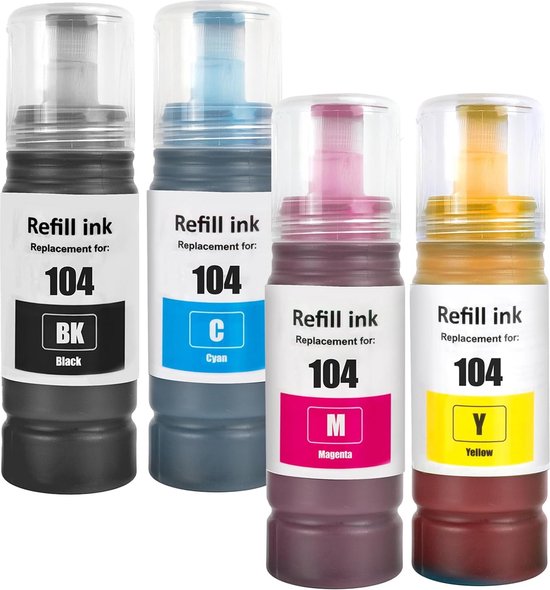 Zwarte, cyaan, magenta en gele inktflessen voor printer model 104.