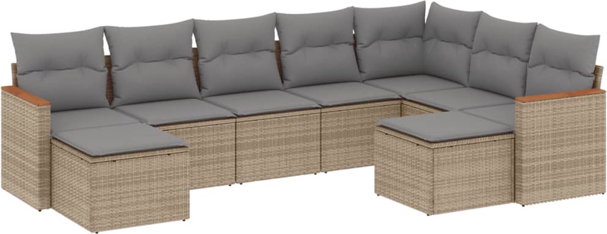 The Living Store 9-delige Loungeset met kussens poly rattan beige - Loungebank - Lounge Set - Buitendecoratie - Tuinmeubels - Ratan Meubel