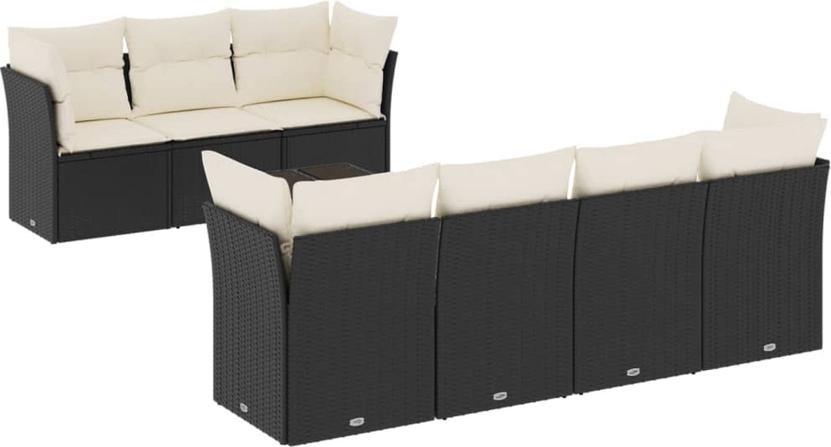 Zwarte poly rattan loungeset met kussens en tafel - Tuinmeubilair.