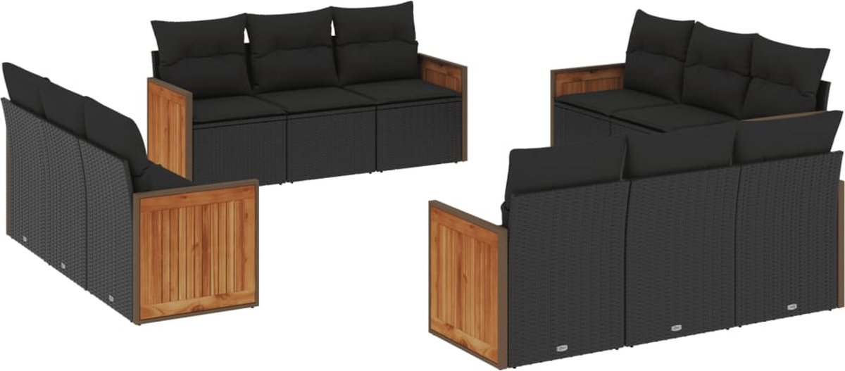 The Living Store 12-delige Loungeset met kussens poly rattan zwart - Loungebank - Tuinset - Lounge Set - Buitendecoratie - Tuinmeubels