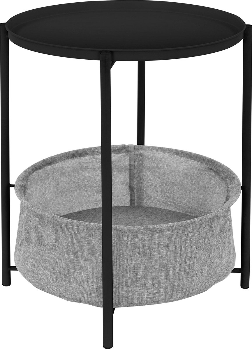 ml-design bijzettafel rond Ø 46 x H51 cm zwart, gemaakt van metaal, salontafel met stoffen mand & afneembaar dienblad, salontafel met mand als opbergruimte, modern design, woonkamertafel nachtkastje