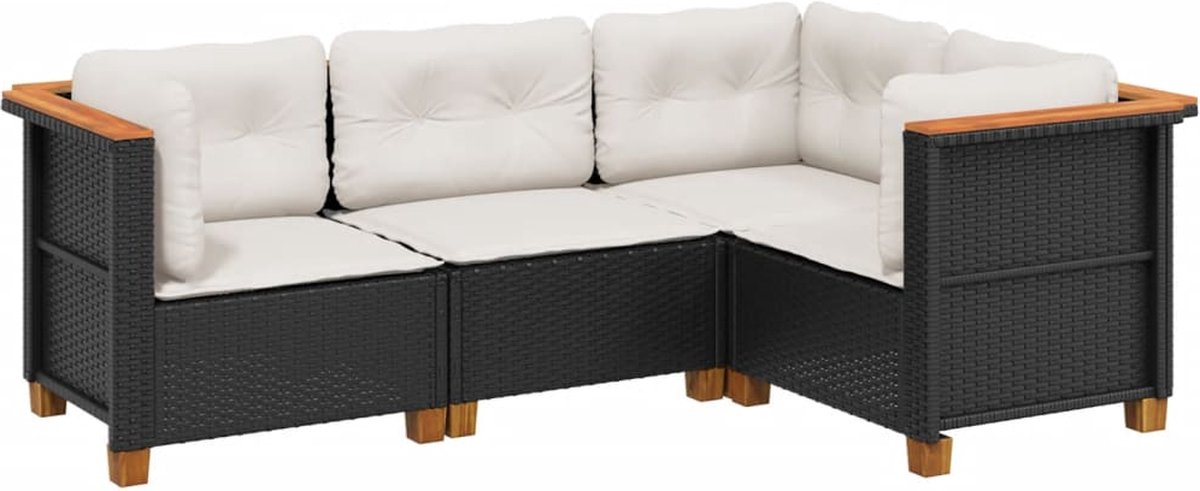 The Living Store 4-delige Loungeset met kussens poly rattan zwart - Loungebank - Tuinset - Lounge Set - Buitendecoratie - Outdoor Furniture