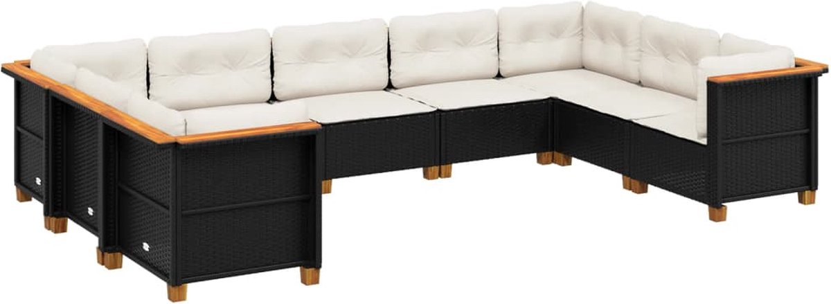 The Living Store 9-delige Loungeset met kussens poly rattan zwart - Loungeset - Tuinset - Lounge Bank - Buitendecoratie - Outdoor Furniture