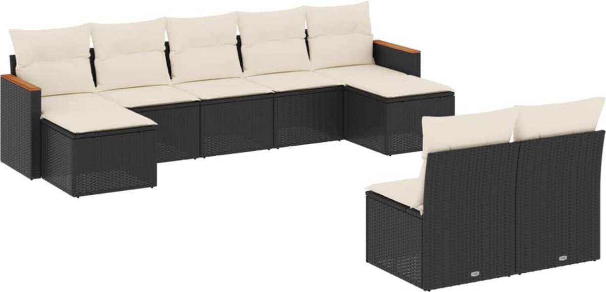 Moderne zwarte poly rattan loungeset met kussens voor buiten - Tuinmeubelen