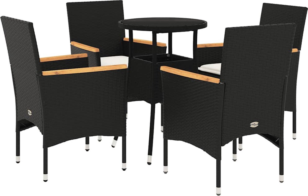 The Living Store 5-delige Tuinset met kussens poly rattan en glas zwart - Tuinmeubles - Eetkamerset - Lounge Set - Outdoor Furniture - Patio Set