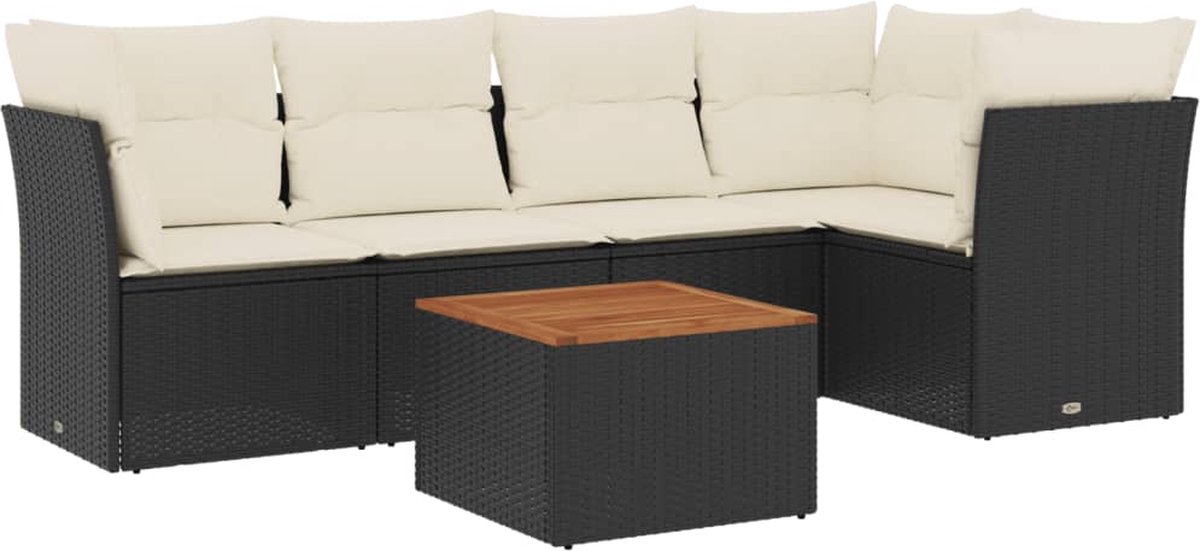 Zwarte poly rattan loungeset met kussens voor buitenmeubels - The Living Store.