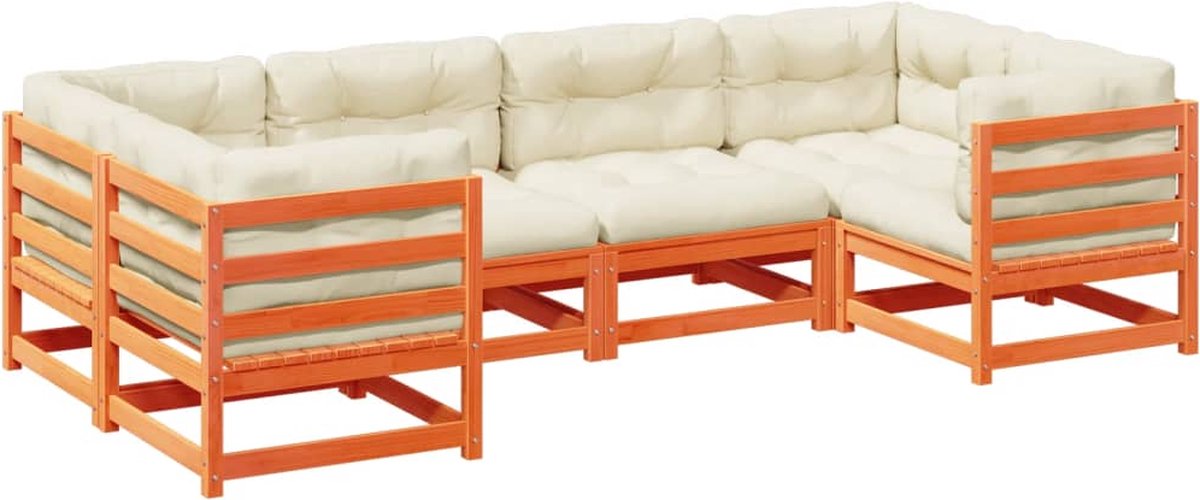 The Living Store 6-delige Loungeset met kussens massief grenenhout wasbruin - Loungeset - Tuinset - Houten Lounge Set - Grenenhouten Meubel - Outdoor Furniture