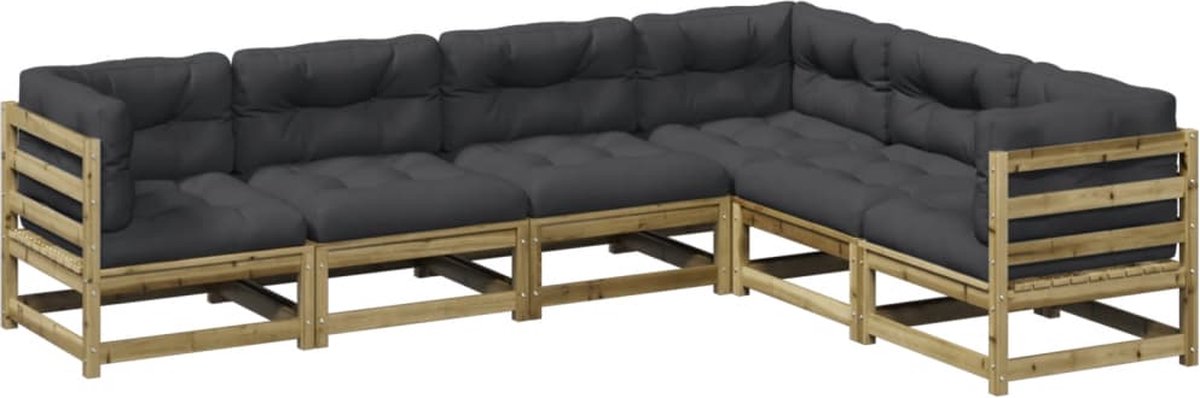 The Living Store 6-delige Loungeset met kussens geïmpregneerd grenenhout - Tuinmeubels - Lounge Set - Houten Bank - Tuinset - Buis Meubel