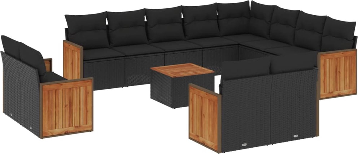 Zwarte poly rattan loungeset met kussens voor tuinmeubels.