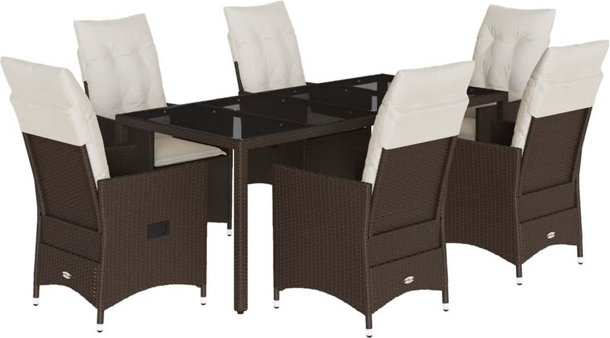 The Living Store 7-delige Tuinset met kussens poly rattan bruin - Tuinstoelen - Lounge Set - Buitentafels - Eetkamerset - Patio Furniture