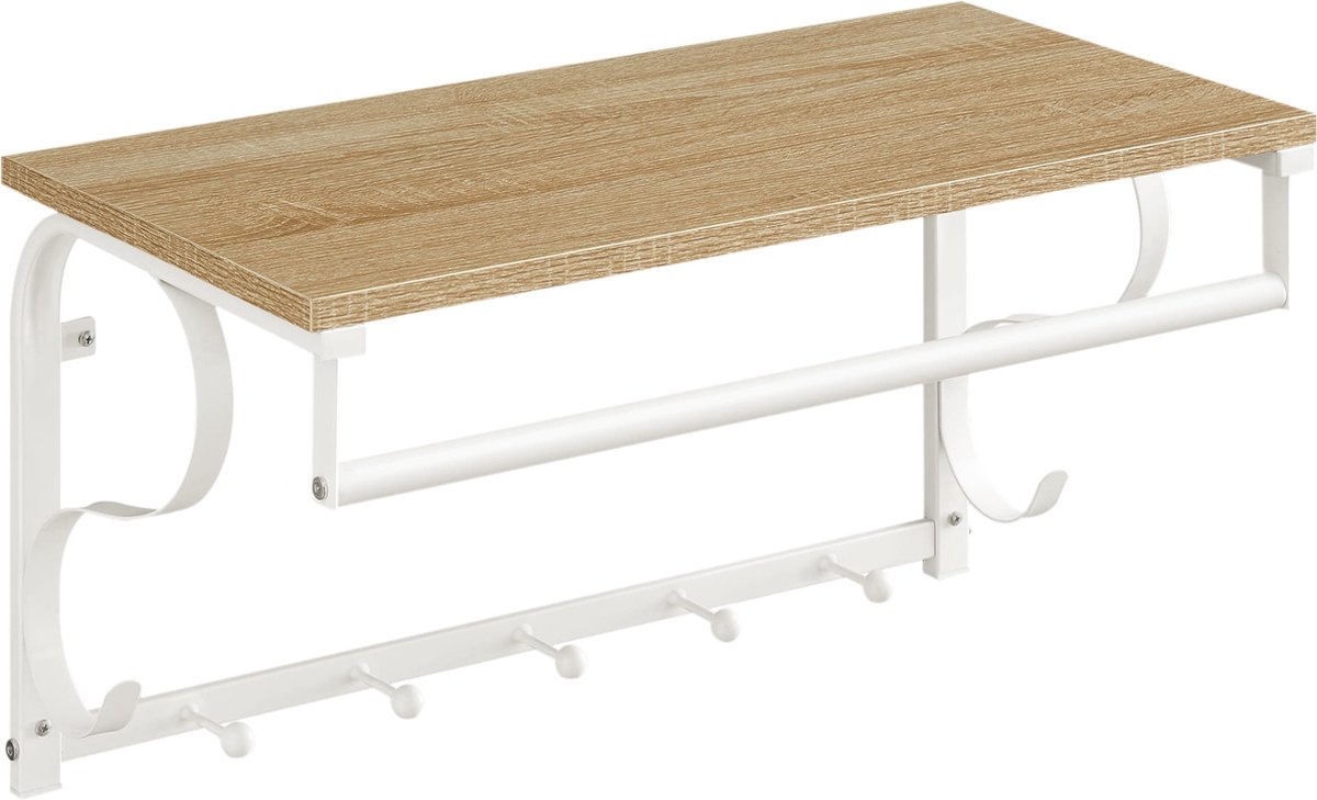 Wandplank met Kapstok - SONOMA - Stalen Frame, Praktisch en Functioneel, Kleur: Eiken Sonoma en Wit, 60 x 30 x 31,7 cm, Max. 10 kg