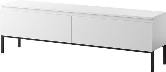 Meuble TV blanc avec deux portes, cadre en métal noir, en perspective oblique.
