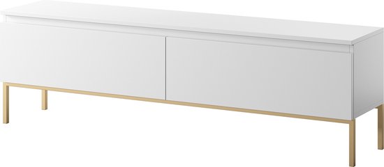 Meuble blanc à deux portes et pieds dorés, vu de trois quarts avant.