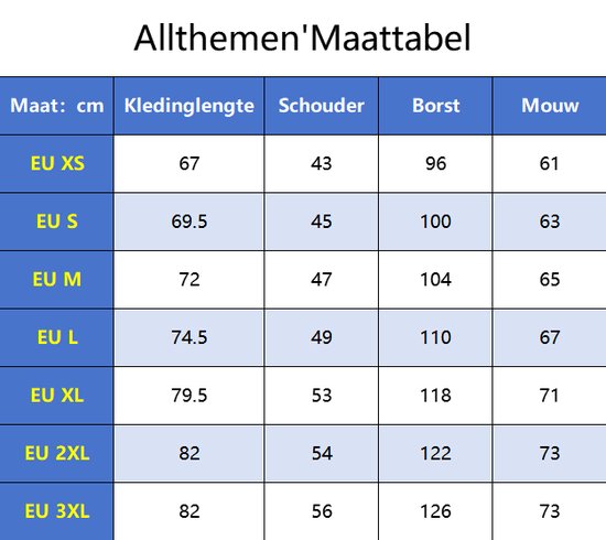 Maattabel voor Allthemen kostuums in centimeters, met maten van EU XS tot EU 3XL.