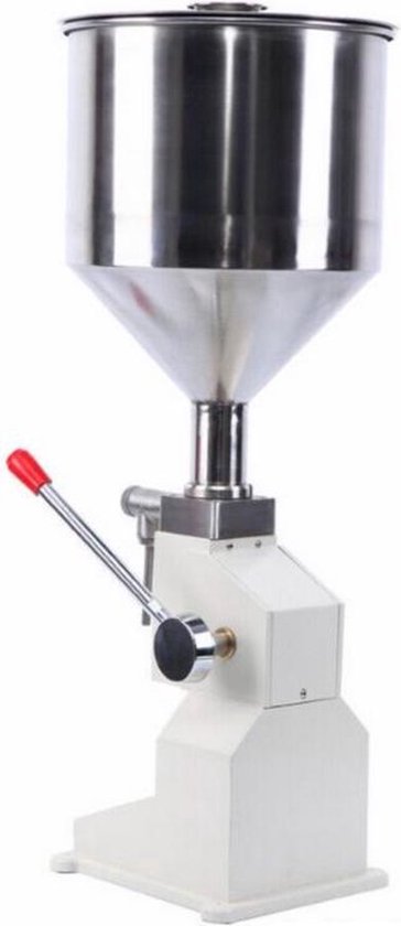 Zilverkleurige vulmachine met witte basis en rode hendel.