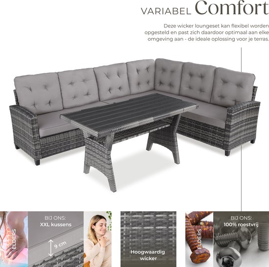 tectake® Wicker zitgroep tuinbank - Loungeset met bank en eettafel - Hoekbank - Buitenlounge - Zithoek - Weerbestendig - Tuin, balkon, wintertuin, terras - Zithoogte 41 cm - Grijs