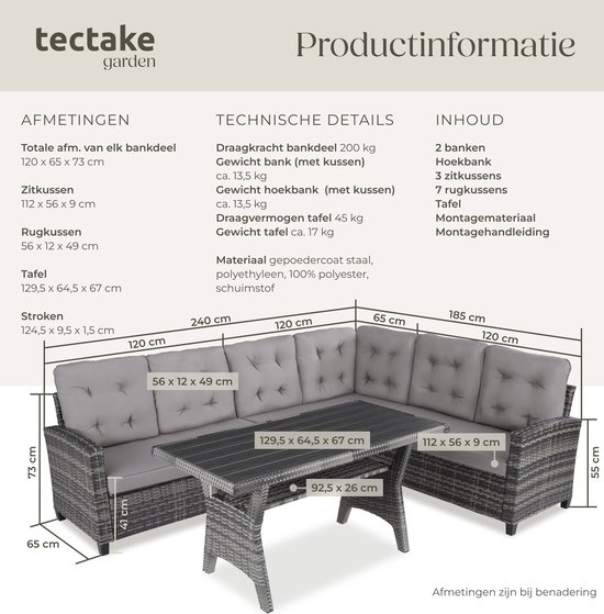tectake® Wicker zitgroep tuinbank - Loungeset met bank en eettafel - Hoekbank - Buitenlounge - Zithoek - Weerbestendig - Tuin, balkon, wintertuin, terras - Zithoogte 41 cm - Grijs