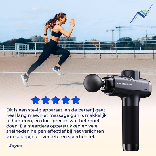 Vrouw rent buiten, met een zwarte massage gun op de voorgrond. Tekst: 'Dit is een stevig apparaat...'.