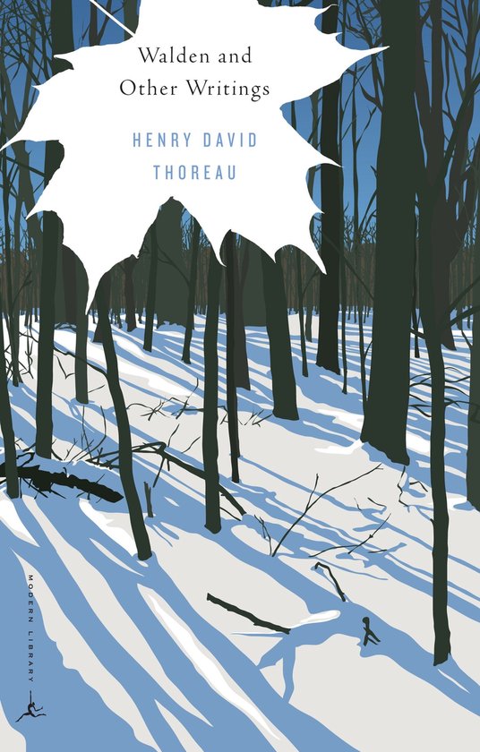 Livre 'Walden and Other Writings' de Henry David Thoreau, avec un titre blanc en forme de feuille sur fond de forêt hivernale.