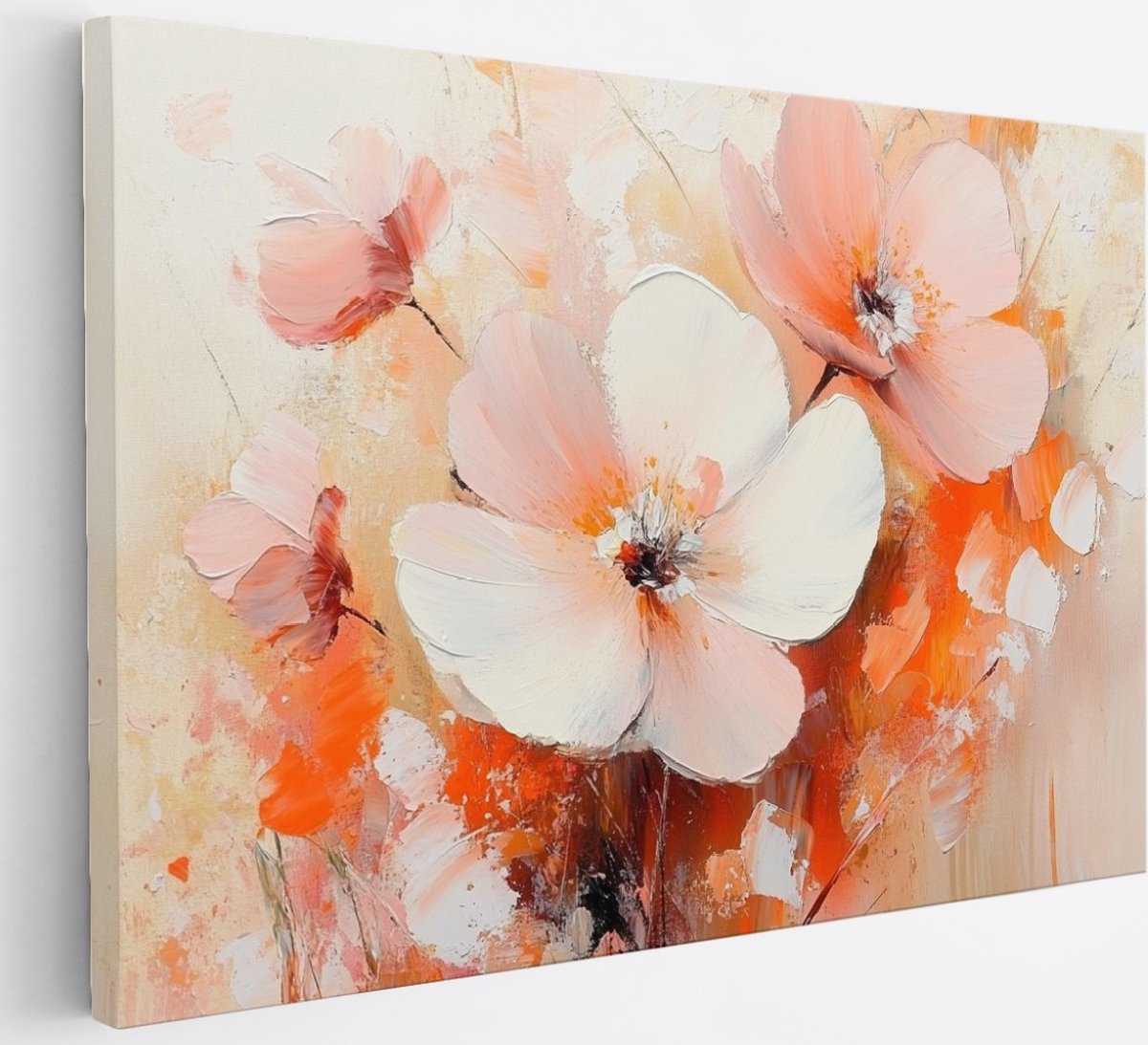 Saammp Canvas Schilderij - Beige Bloemen met oranje- Natuur - Abstract - 30x20 - Foto op canvas - Wanddecoratie - Modern Interieur - Woonkamer Decoratie Multicolor