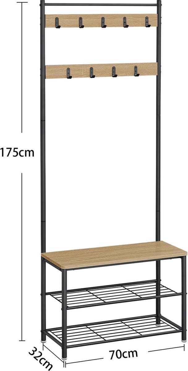 Kapstok met Schoenenrek en Bankje, Garderoberek, Industriële Stijl, Kleur: Eiken Sonoma en Zwart, Stalenframe, 175 x 70 x 32 cm – foto 3