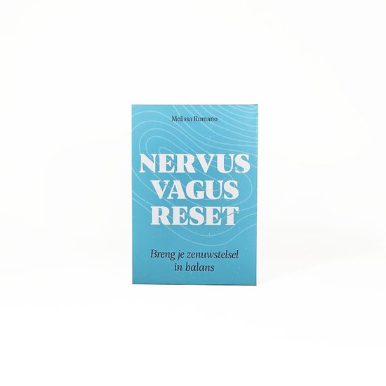 Boek met de titel 'Nervus Vagus Reset' van Melissa Romano in turquoise met golvend patroon. Tekst: 'Breng je zenuwstelsel in balans'.